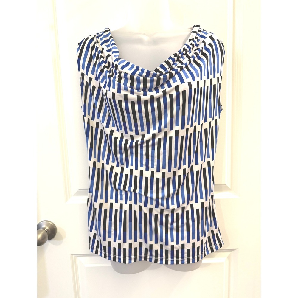 Worthington Womens Large Blue Black Geometric Cowl Neck Sleeveless Blouse‎ Top